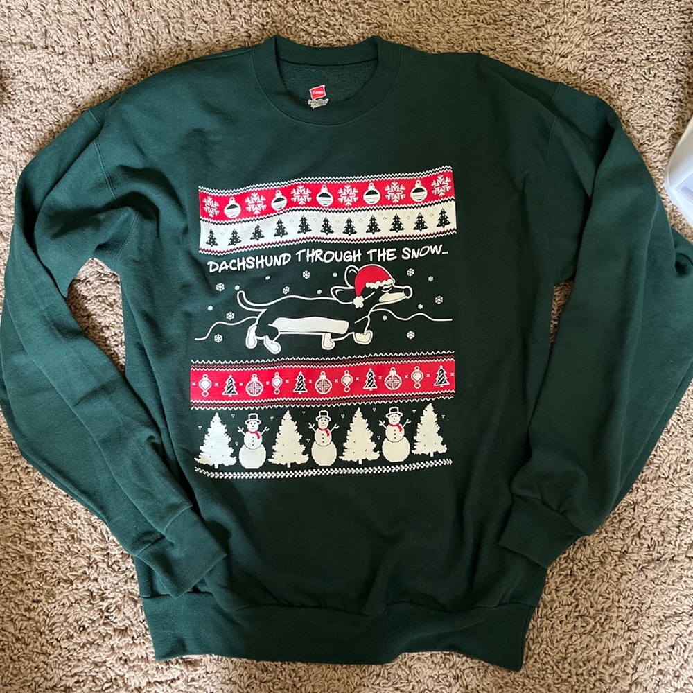Dachshund Through The Snow Dark Green Ugly Christmas “Sweater” Crewneck